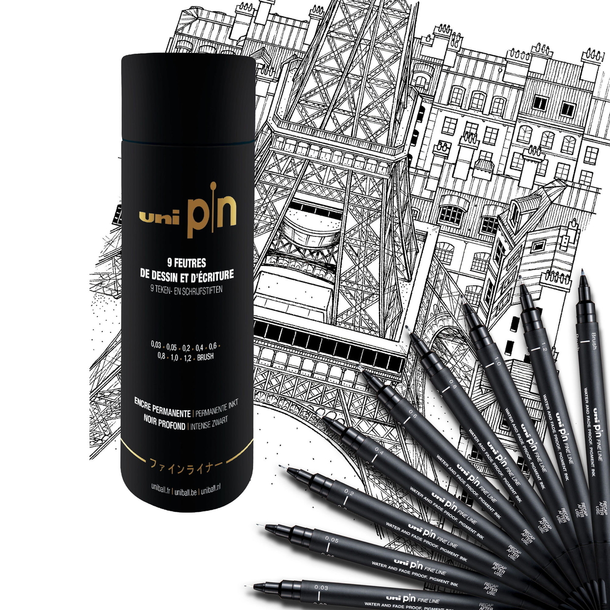 Uni Pin Fineliner Set tube 9-p