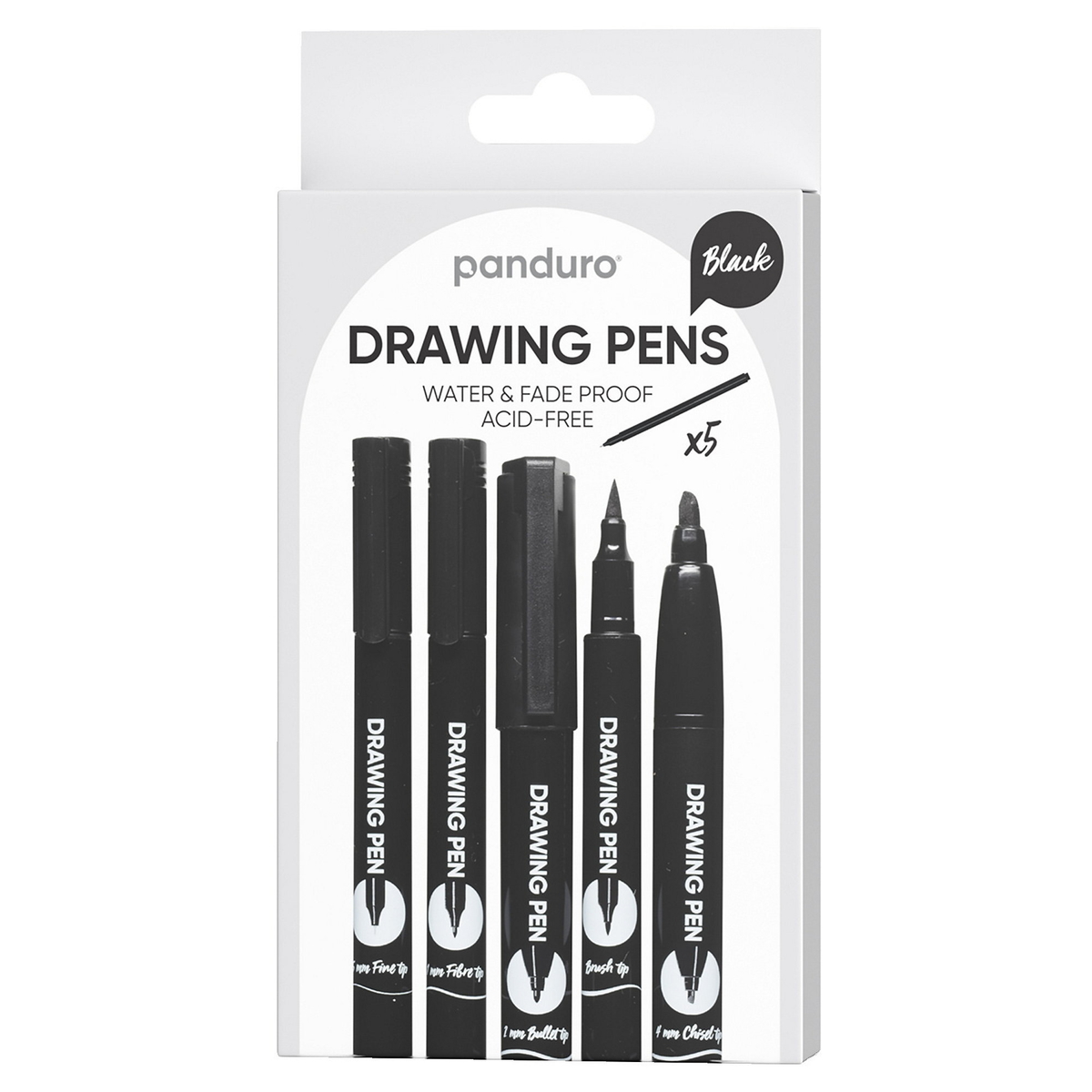 sjældenhed Markér komponent Panduro tuschpenne 0,5 mm, 1 mm, penselspids, 4 mm, kiselspids og 1 mm rund  spids, sort, 5-pak